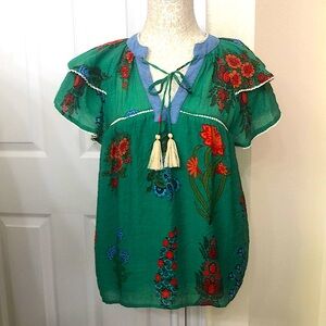 THML Green and Red Floral 
V-Neck Top with Flutter Sleeves, Ruffles & Tassels